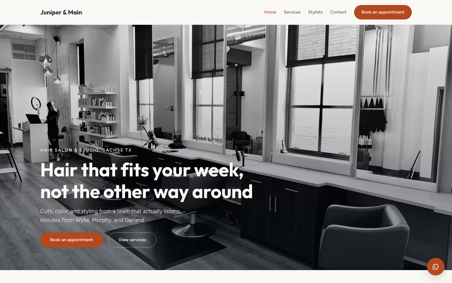 Juniper and Main salon demo website homepage